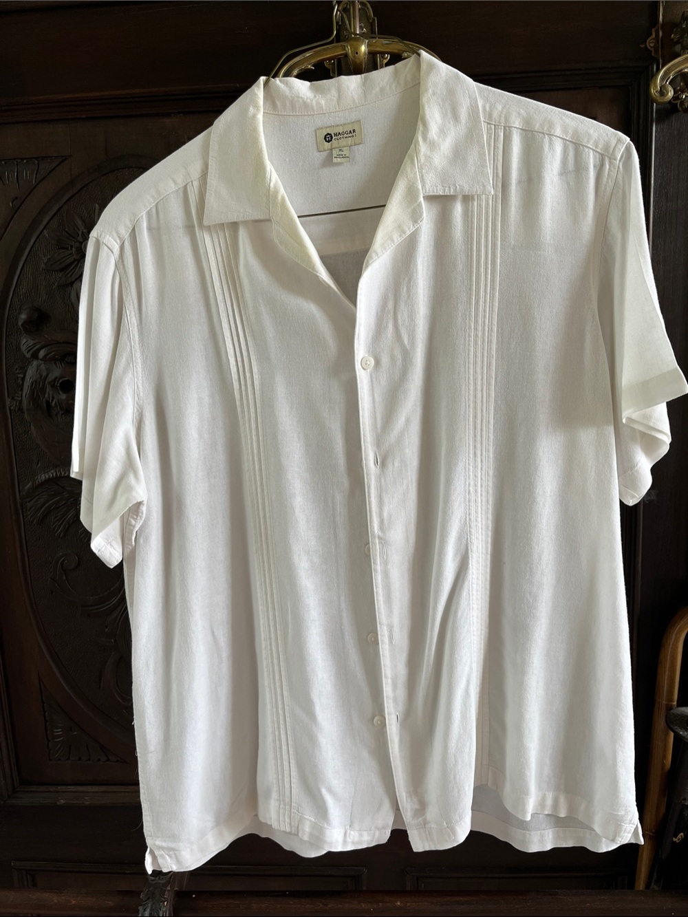 Haggar White Short-Sleeve Cuban Collar Button-Down Shirt